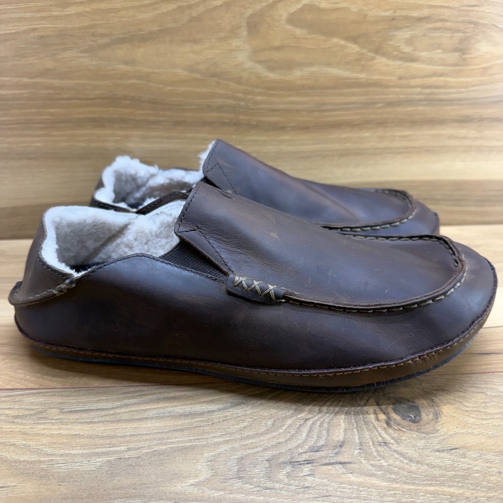 Olukai Moloa Slippers Mens 10 Brown Leather Moc Toe Sherpa Fur Lined Cozy House